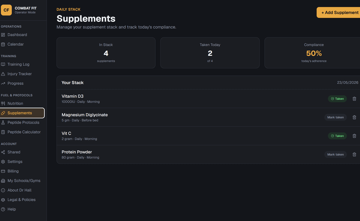 Supplement compliance checklist and Recovery Suite — Orthostatic Heart Rate Test and Hooper Index check-in